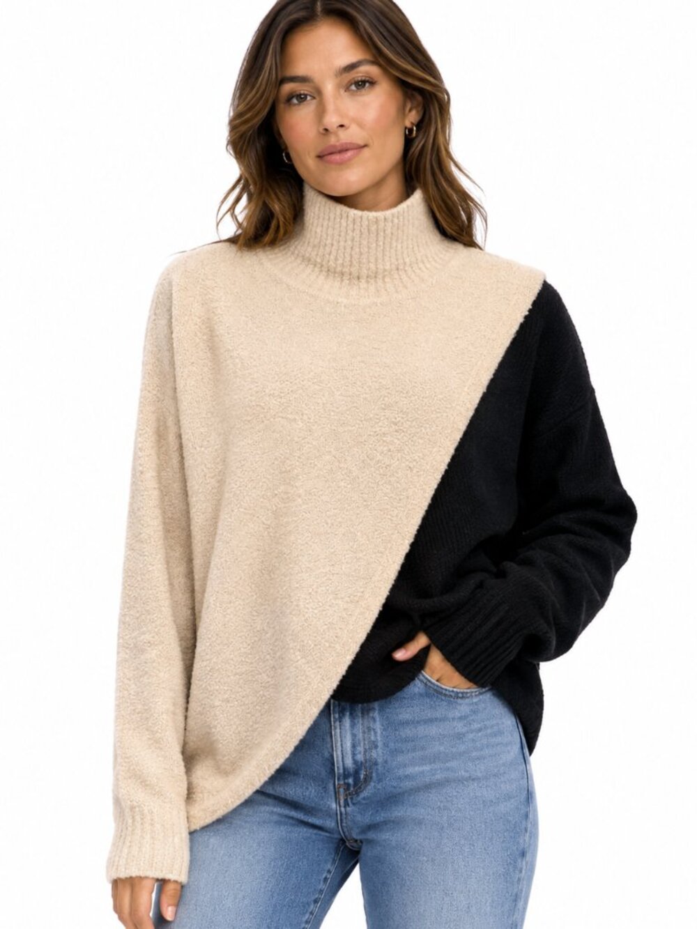 Elan NWT Two Tone Colorblock Cowl Neck Sweater Cream Black Small